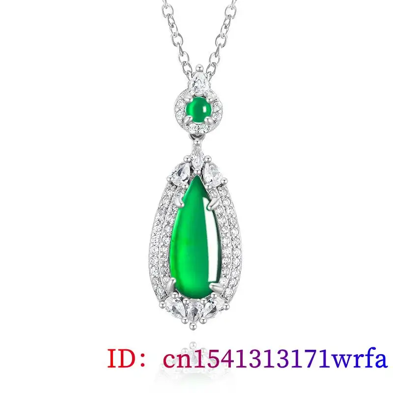 Green Myanmar Jade Water drop Pendant Necklace Carved Accessories Talismans 925 Silver Gemstone Real Burmese Jadeite Stone