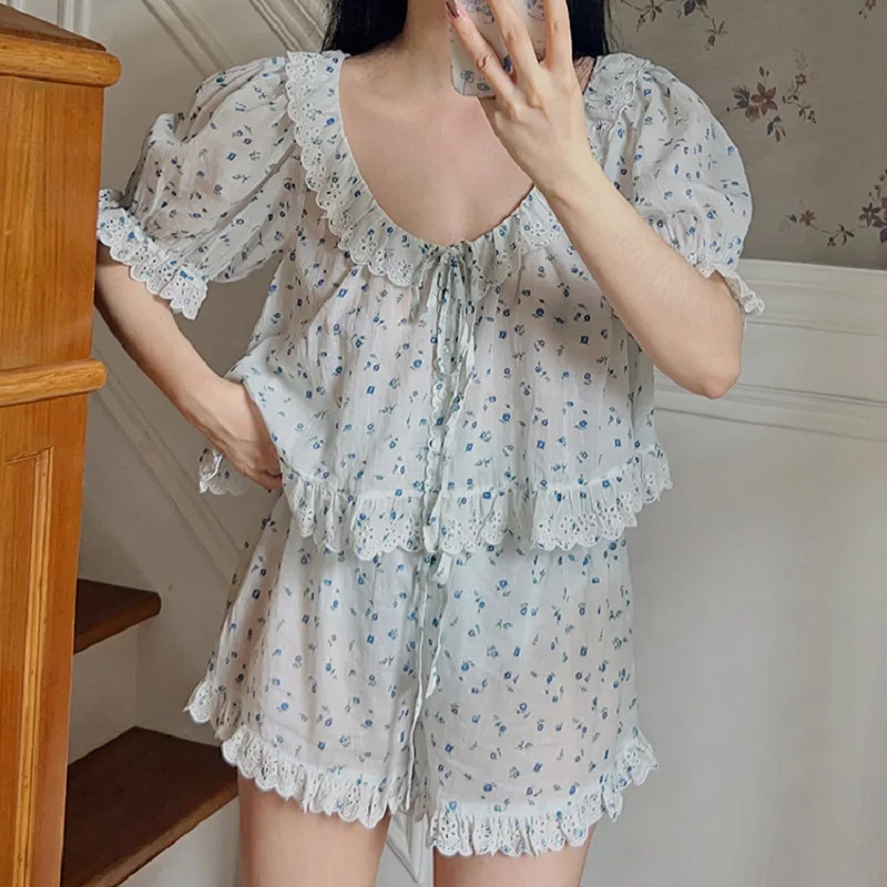 Vintage Floral 100%Cotton Shorts Pajamas Sets For Women Delicate Sweet Sleepwear Suits Summer Girls Nightwear