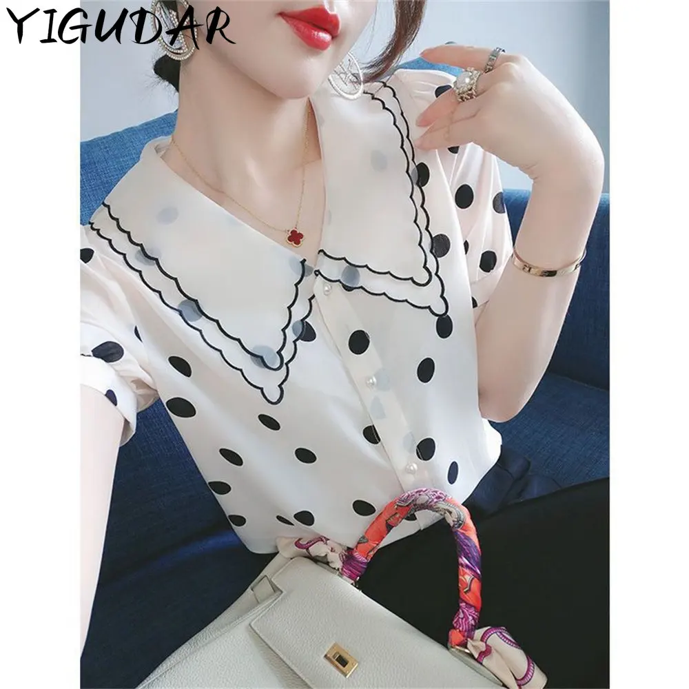 

Oversized Vintage Printed Polka Dot Lapel Bandage Button Bow Chiffon Shirt Summer New Commute Tops Loose Casual Woman Blouses