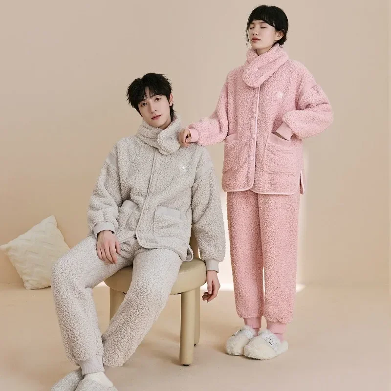 Warm Home Suit Set Couple Coral Velvet Pajamas Thickened for Men Handsome Sweet Can Be Worn Outside Ms. Flannel Scarf Style