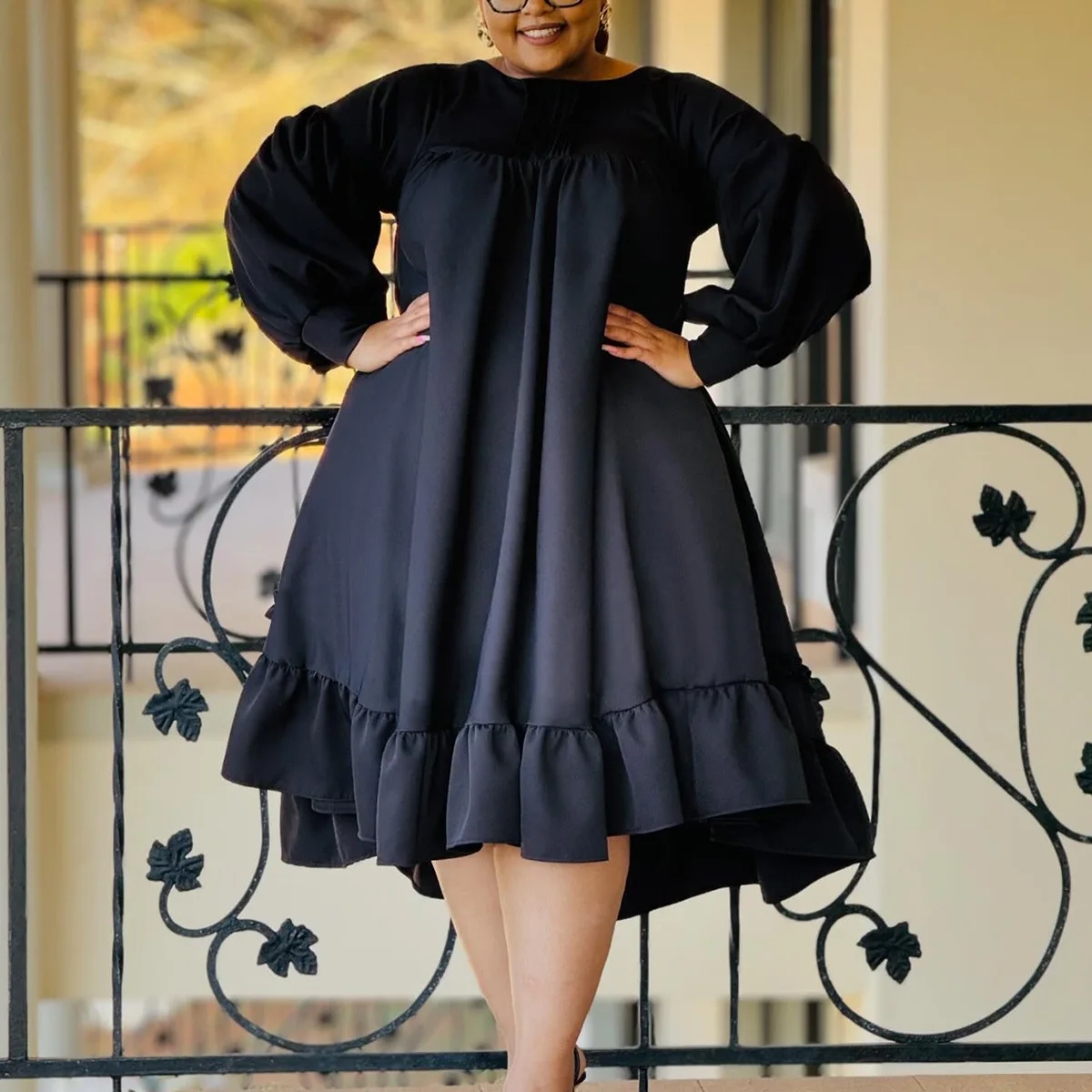 Plus Size Casual Black Women Loose Dress Spring O Neck Long Sleeve Ruffles Hem Knee Length Elegant Vestidos Club Party Robes