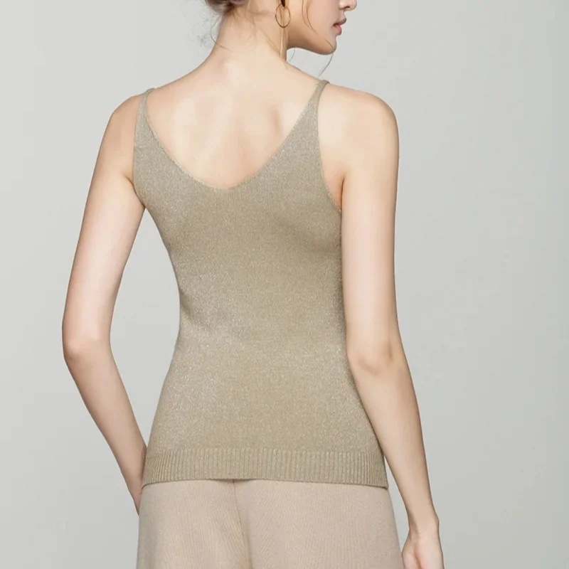 Spring/Summer Shimmering Knit Camisole, Soft and Comfortable, Sexy V-Neck Thin Straps Base Layer Top for Women