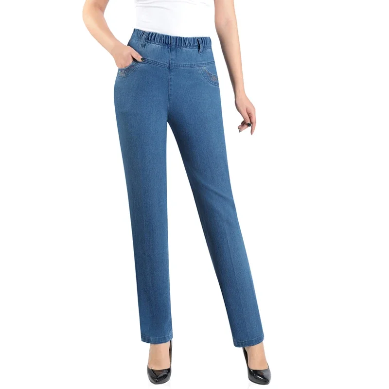 

Middle-aged Mother Jeans 2024 Autumn Loose High Waist Stretch Straight Leg Pants Pocket Embroidery Casual Denim Trousers Q126