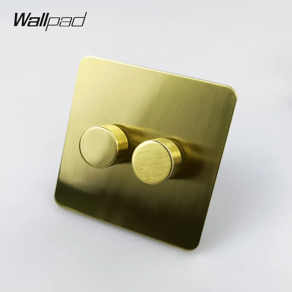 Wallpad H6 2 Gang 2 Way Double LED Dimmer Switch Push On Off Brushed Satin Gold Stainless Steel Panel Metal Button