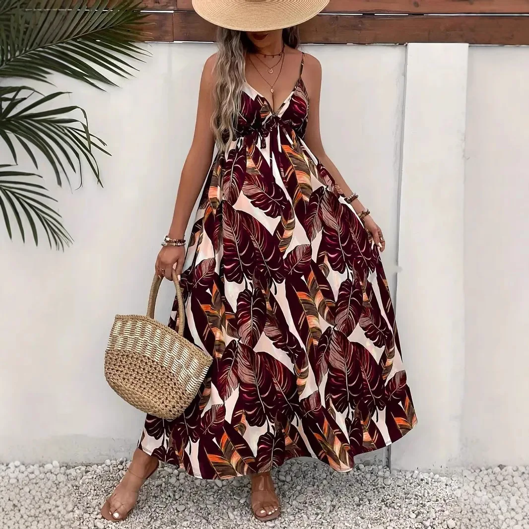 Vestidos Casuales Juveniles Sleeveless Suspender Summer Refreshing Hem Dress Womens New Leaf Print Vacation All-match Long Dress