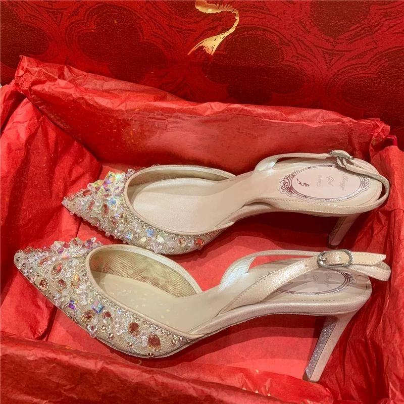 Spring and summer new style pointed toe water diamond mesh fine heels wedding shoes banquet dress high heels women's sandals