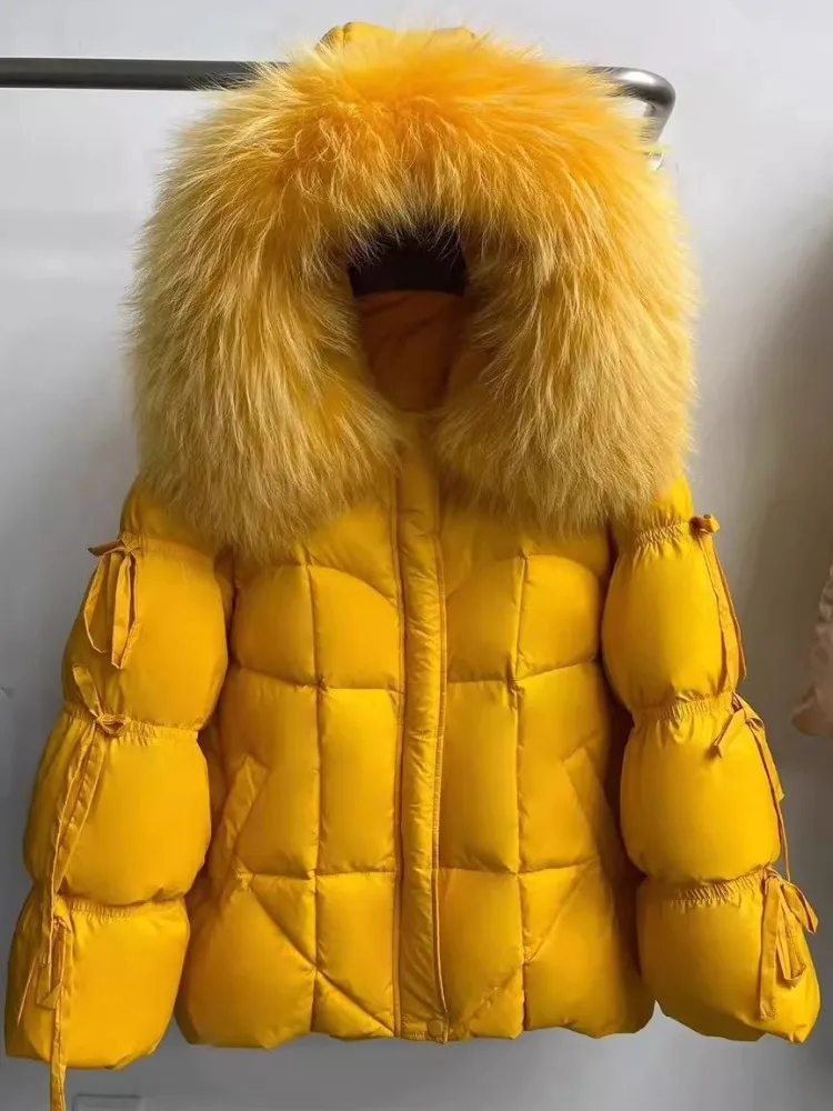 Down Jacket New Winter Large Real Fur Hooded Puffer Jacket Women Thick Warm Knitted Sleeve Coat White Goose Down Mid Long Parka