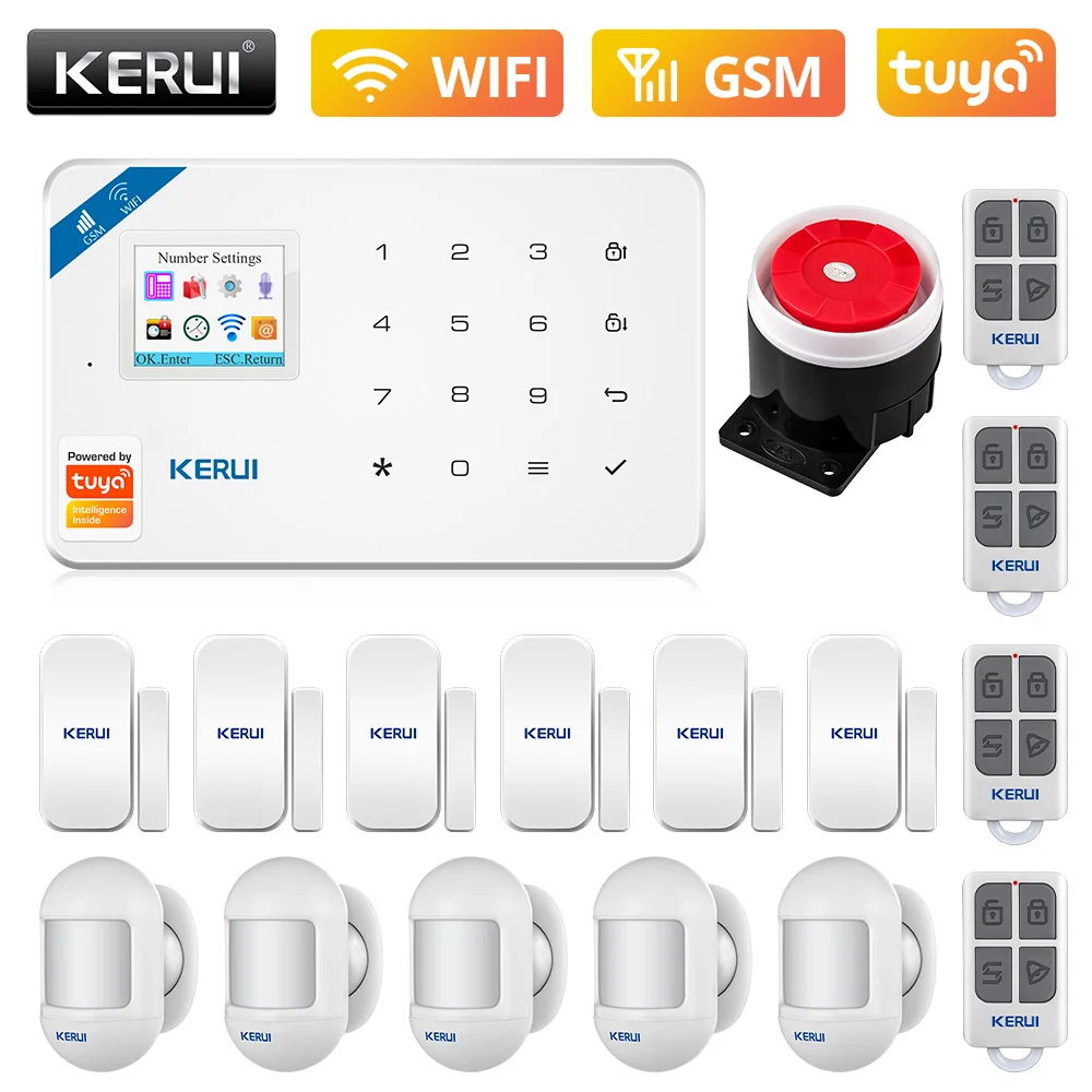 Kerui w181 wi fi gsm tuya sistema de alarme segurança em casa inteligente app controle sem fio sensor da porta pir detector movimento alarme do