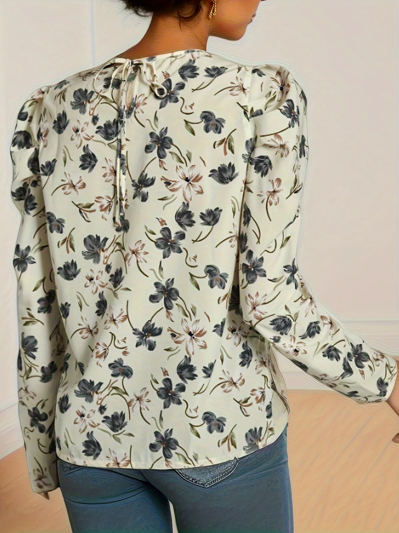 Fashion Europe And The United States Celebrities With Flowers Printed Round Tie Long-Sleeved Shirt Blouse