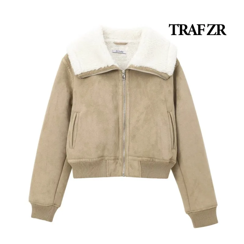 TRAF ZR Lady Jackets New in Coats Elegant and Pretty Women's Coats Women's Autumn Coat Padded Khaki Flocking Cropped Coat