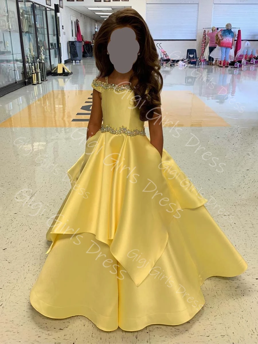 

A-line/Princess Pageant Dress for Girls Drop Shoulder Tiered Satin Flower Girl Dress with Crystals/Pocket Long Party Gown Custom
