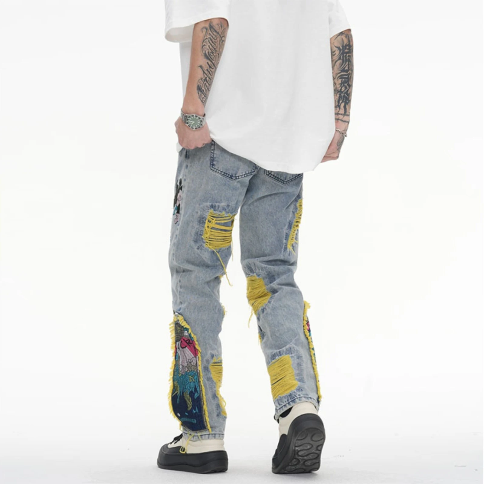 Harajuku Oil Painting Embroidered Tassel Denim Ripped Jeans for Men Streetwear Washed Destroyed Pleated Straight Leg Pant Jean