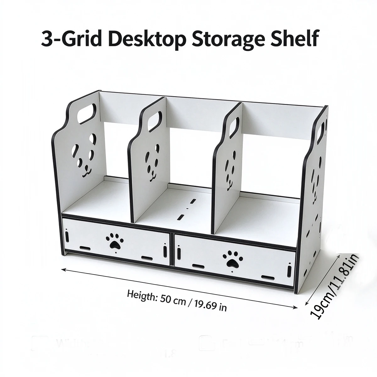 White Panda Hollow Desktop Book Organizer with Drawer, 3 Compartments Assemble File Holder, Office Desk Book Magazine Storage R