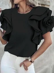 Lemongor Women T-Shirts 2025 New Summer Ruffle Sleeves Ruffled Solid Color Three-Dimensional Flower Casual Trendy Black Tops