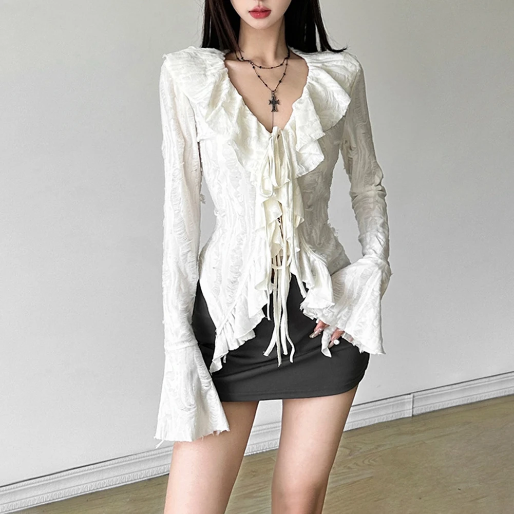 

Sophisticated Women's Gothic Style Blouse with Unique Features Elegant Ruffles V Neckline and Eye Catching Tears