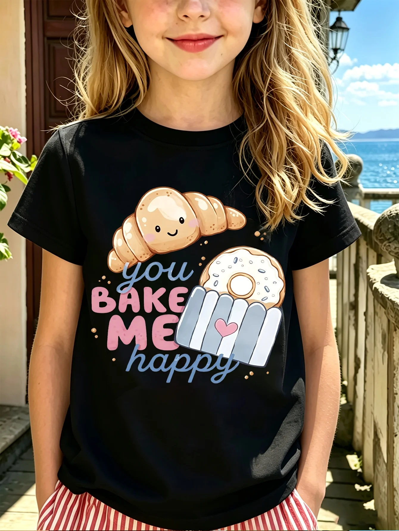Boys Girls Family Matching Tee Cute Croissant And Donut Sweet Food Print Short Sleeve Soft Cotton Kids Daily Outdoor Outfit