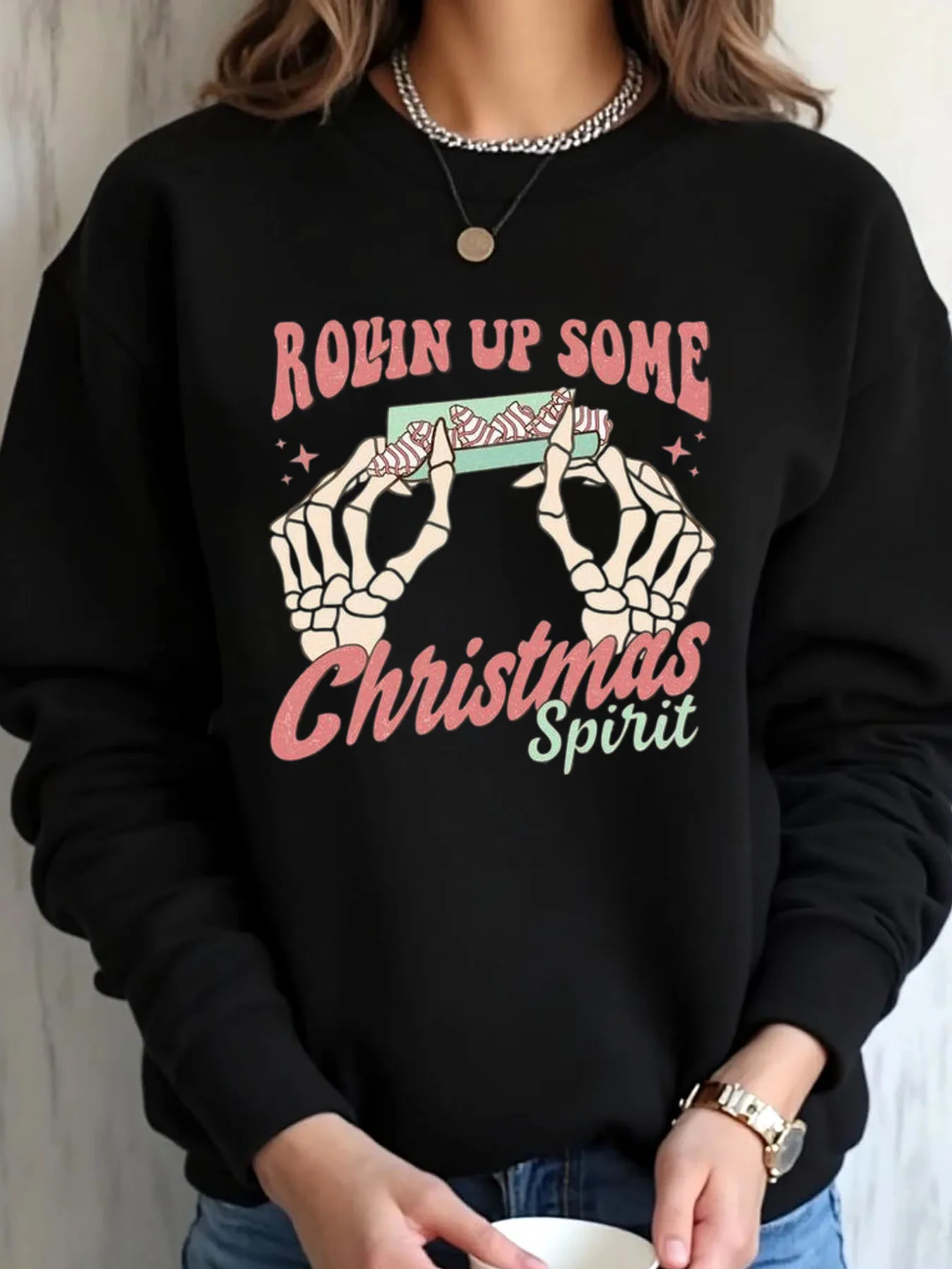 

Женская толстовка большого размера с рождественским скелетом и рукавами, катающаяся на бумаге, верхняя одежда с принтом