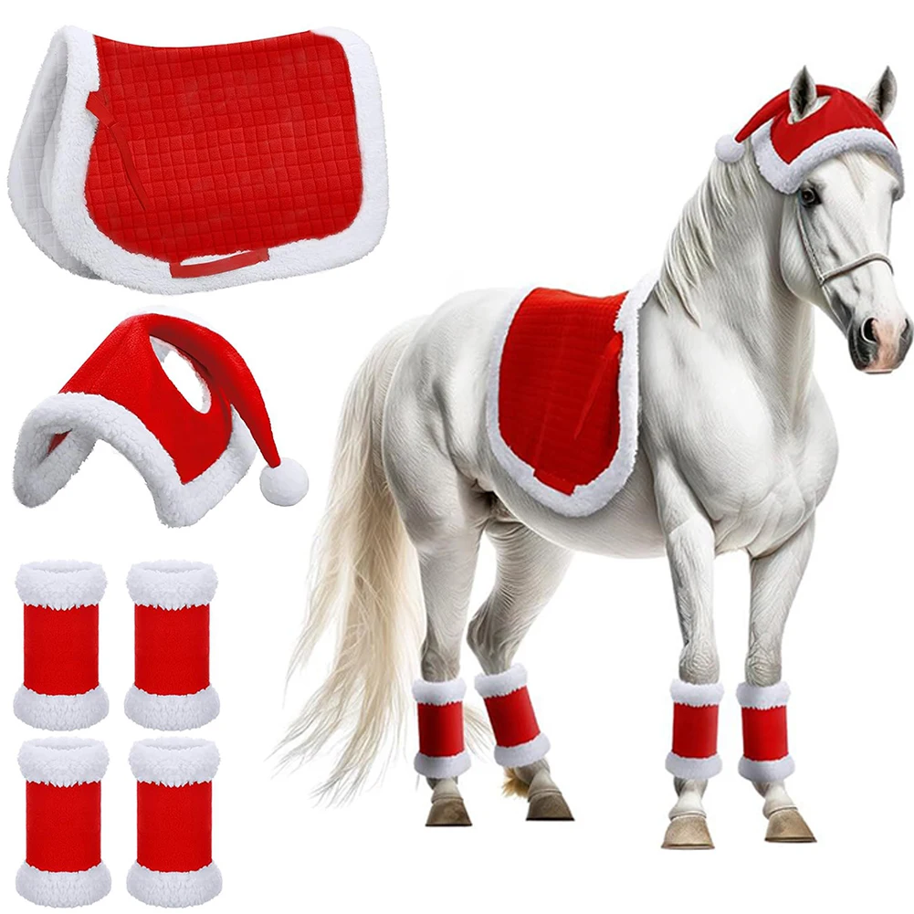 6Pcs Christmas Santa Hat Saddle Pads Leg Wraps Multi-Purpose Santa Hat Leg Wraps Western Saddle Pad for Christmas Horses Decor