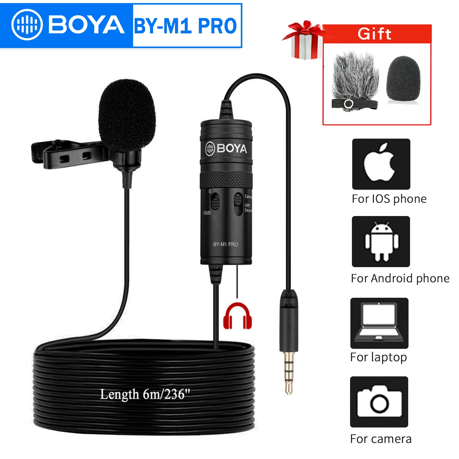 BOYA BY-M1 PRO – Microphone filaire à condensateur TRRS Lavalier omnidirectionnel, 3.5mm, pour iPhone, PC, Smartphone, caméra, Streaming