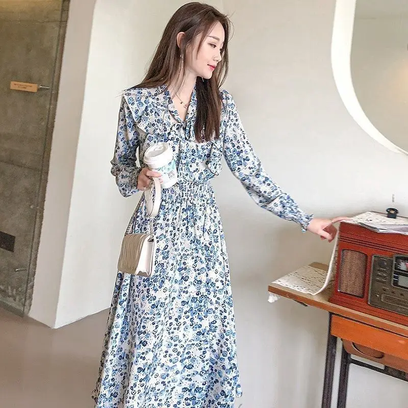 

Elegant Printed Ruffles Lace Up Bow Midi Dress Women Clothing 2023 Autumn Winter New Loose Folds Butterfly Sleeve Floral Dress