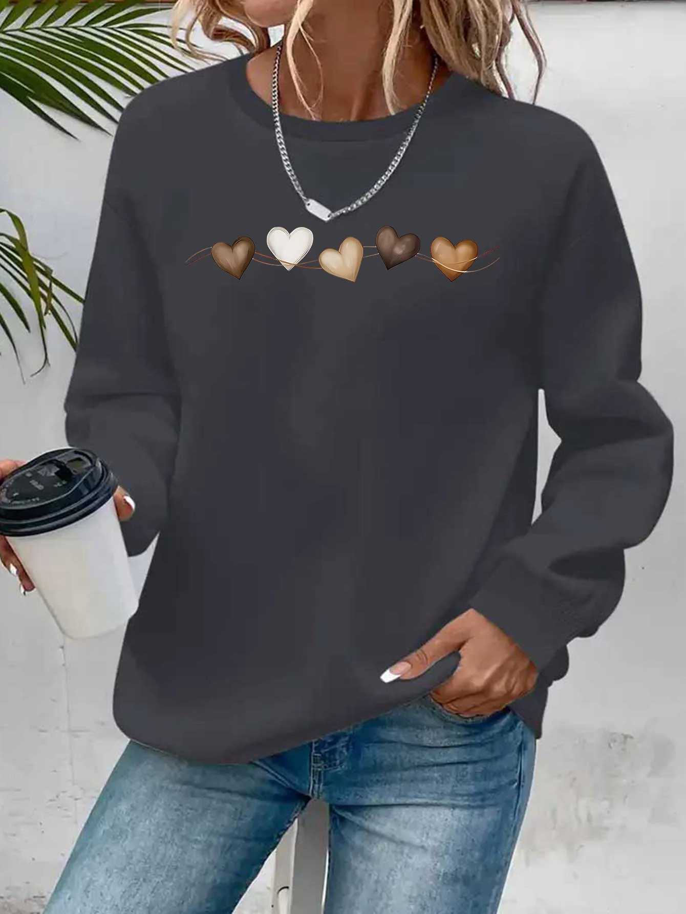 

Women's autumn and winter casual loose and comfortable warm cat pattern printed round neck long sleeved pullover