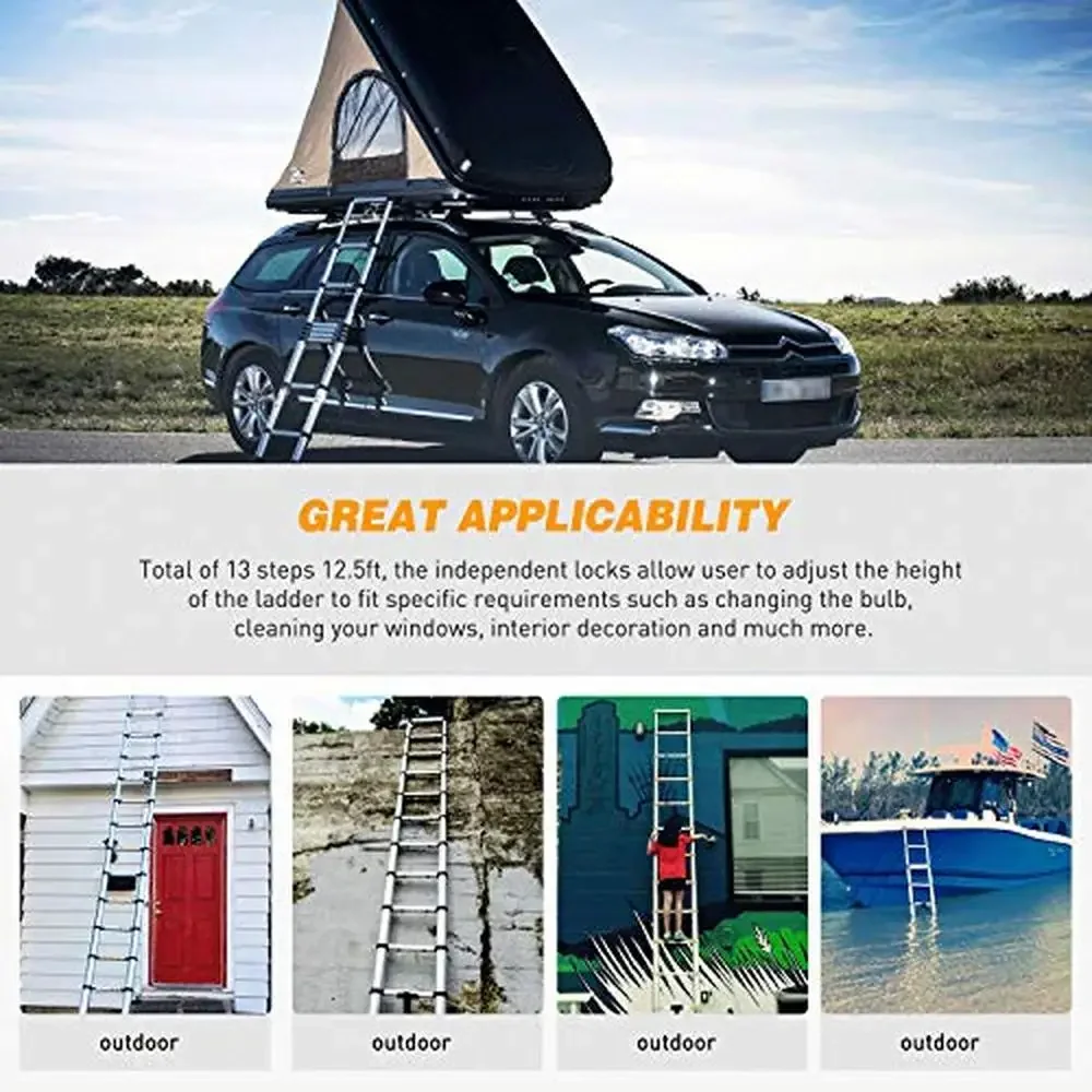 Telescopic Ladder 12.5ft Aluminum Multi Purpose Extendable Spring Lock EN131