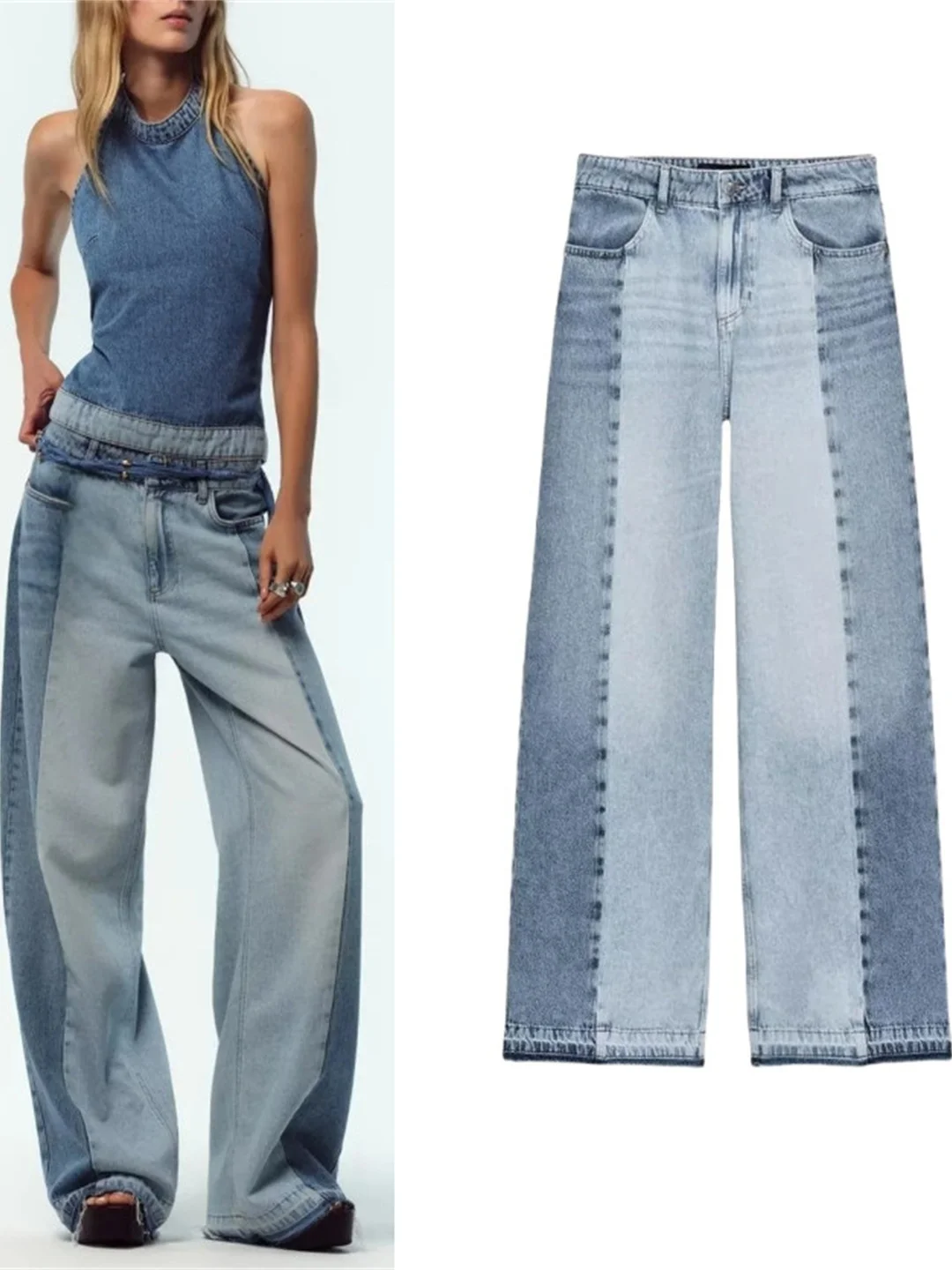 

Джинсы с высокой талией и широкими штанинами, женские модные лоскутные джинсы, повседневные всесезонные прямые джинсы без стрейч, американские сле