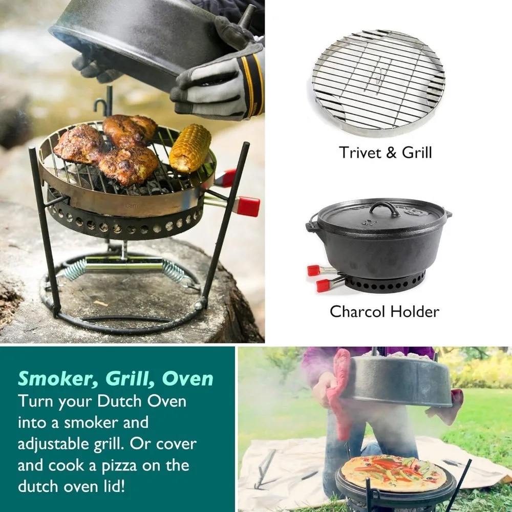 Ferro fundido Cozinhando Set para Outdoor Grill, Forno holandês e ferramentas Set, suporte de carvão, Camping Acessórios