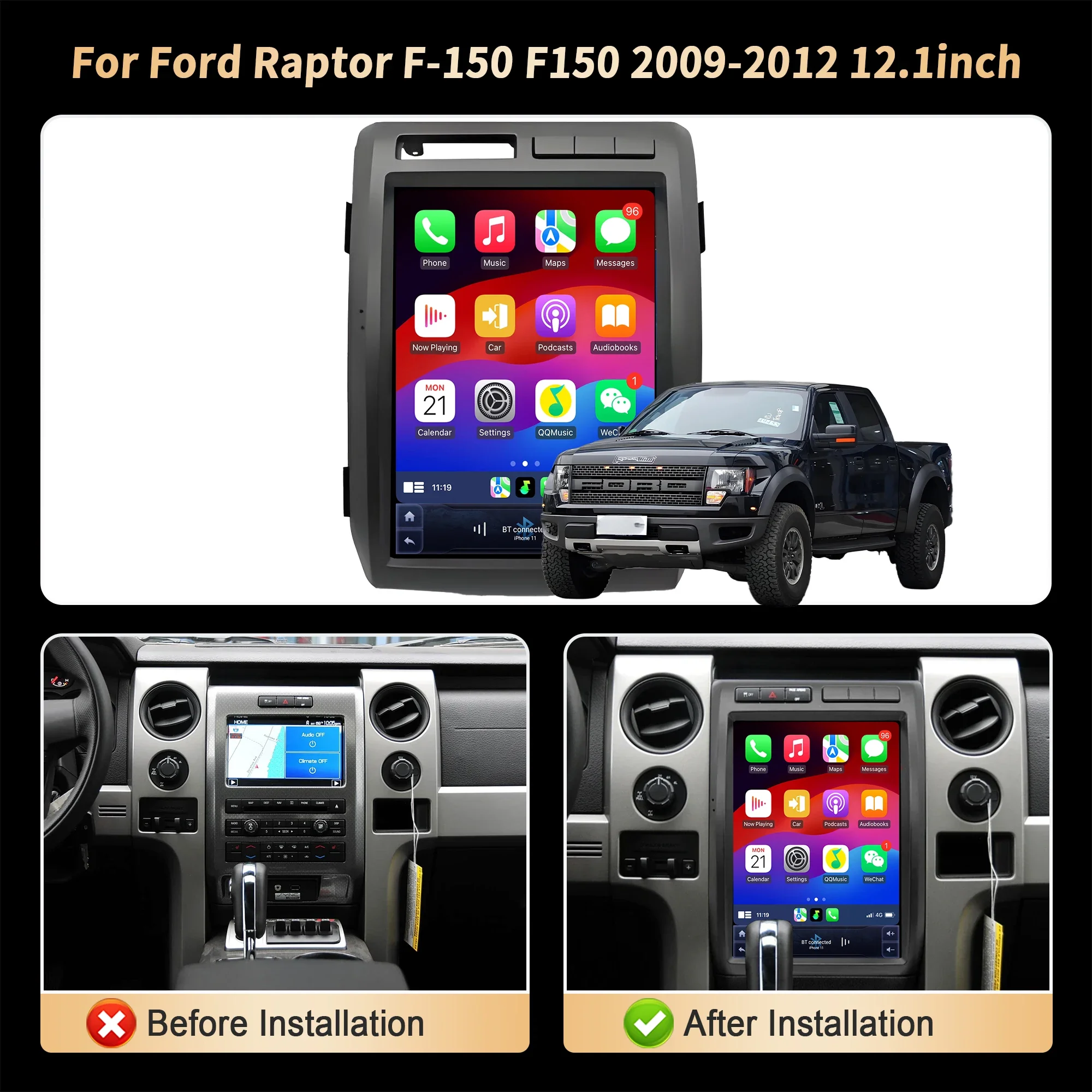 12.1 inch Car Radio For Ford Raptor F-150 F150 2009-2012 Android 14 4G Head Unit Wireless Bluetooth CarPlay Touch Screen Stereo