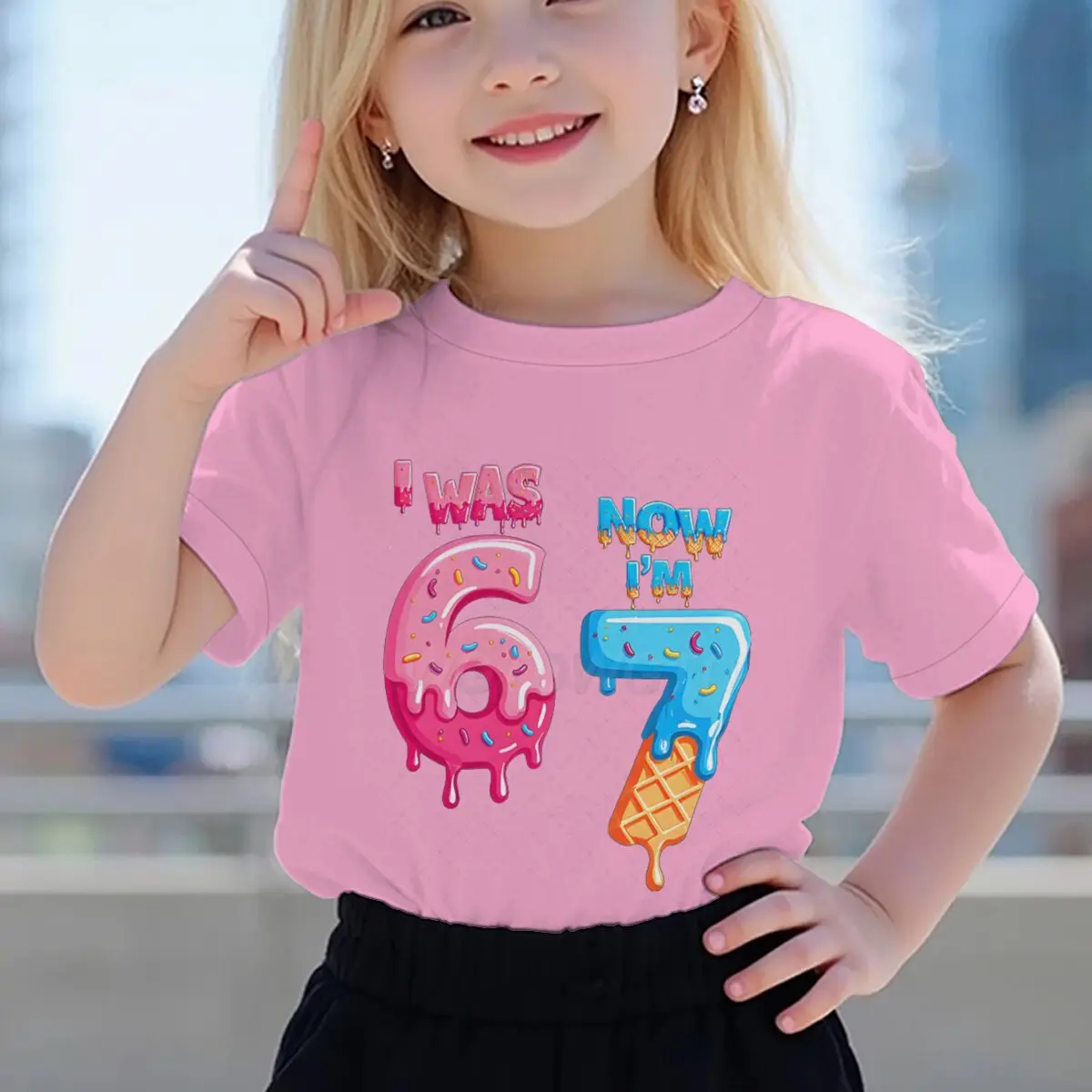 7th Birthday Gift T-Shirt Colorful I Was 6 Now I Am 7 67meme Printed T Shirt Girls Funny Six Seven Ice Cream Drip Kids Clothes
