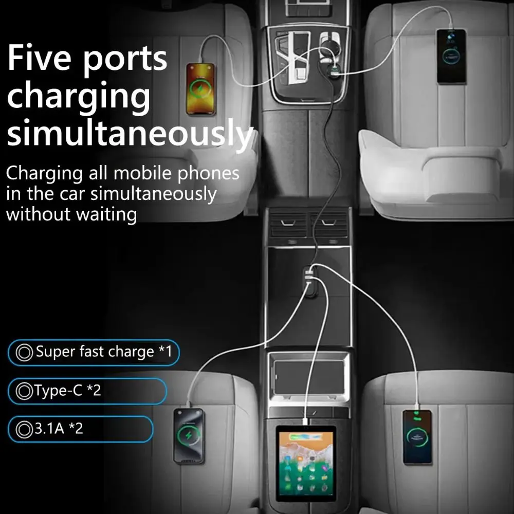 

Портативное автомобильное зарядное устройство для телефона 5 в 1, 66 Вт, автомобильное зарядное устройство с быстрой зарядкой через USB, многопортовое с удлинительным кабелем 1,5 м, автоматический адаптер питания
