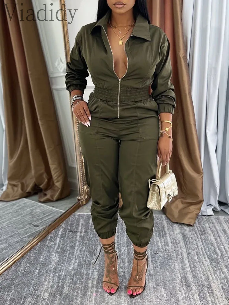 Dames sexy effen kleur rits omslagkraag lange mouw cargo jumpsuits rompertjes