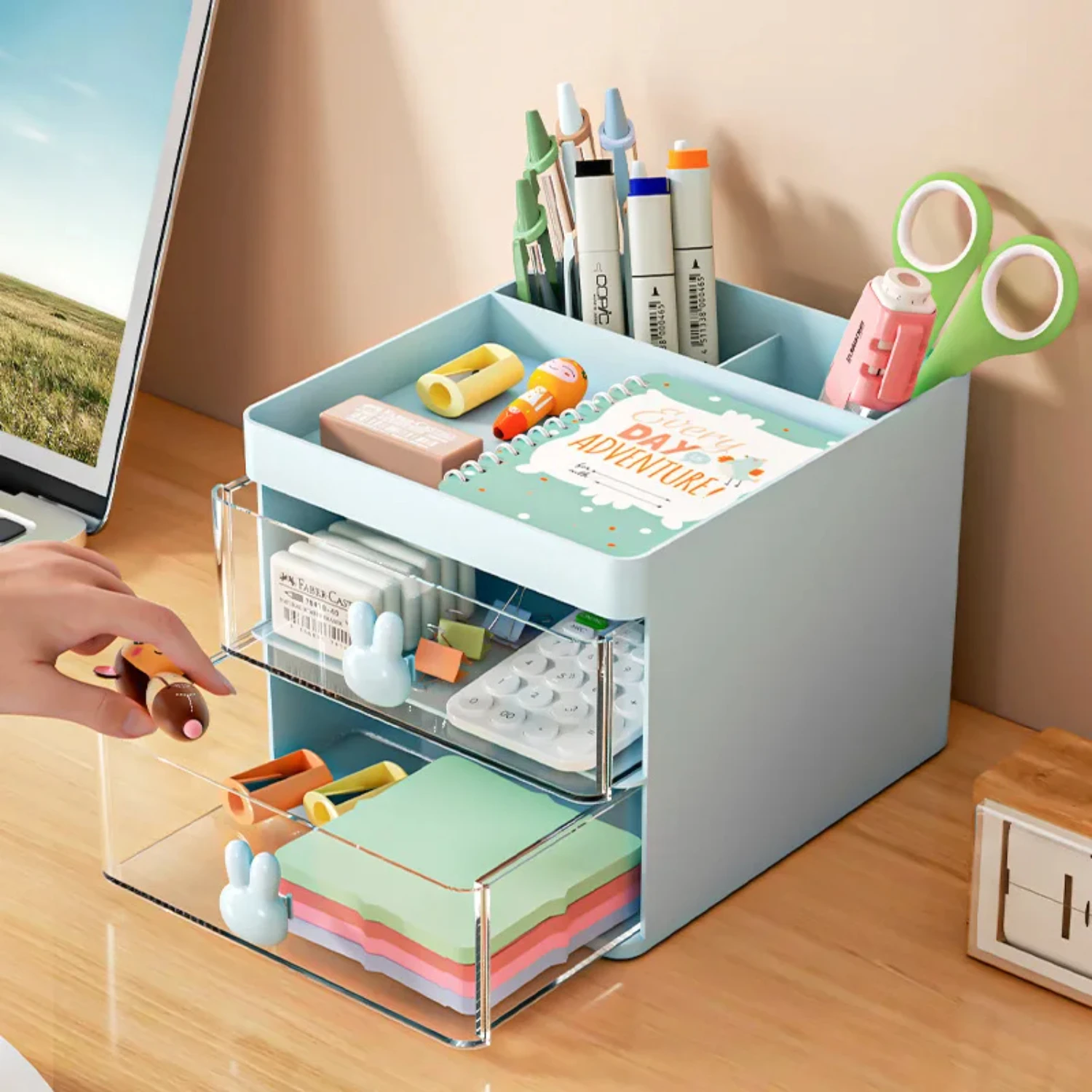 Functional and Efficient Large Capacity Makeup Organizer Box with Drawers - Stylish Pen Holder Container for Office Supplies - V