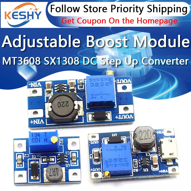 MT3608 SX1308 Adjustable Boost Module DC-DC Step Up Converter Module 2A Max 2V-24V To 5V 9V 12V 28V Booster Power Supply Board