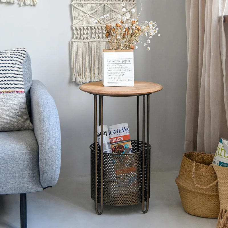 

Small apartment wrought iron Japanese-style simple wind edge few cork bamboo woven storage basket side table mini coffee table c