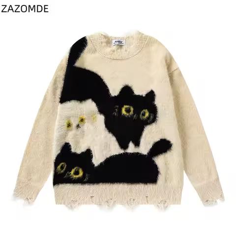 ZAZOMDE Vintage Hip Hop Yellow Sweater Cartoon Kitten Graphic Street Style Pullover Warm Retro Fashion Knit Top Men And Women
