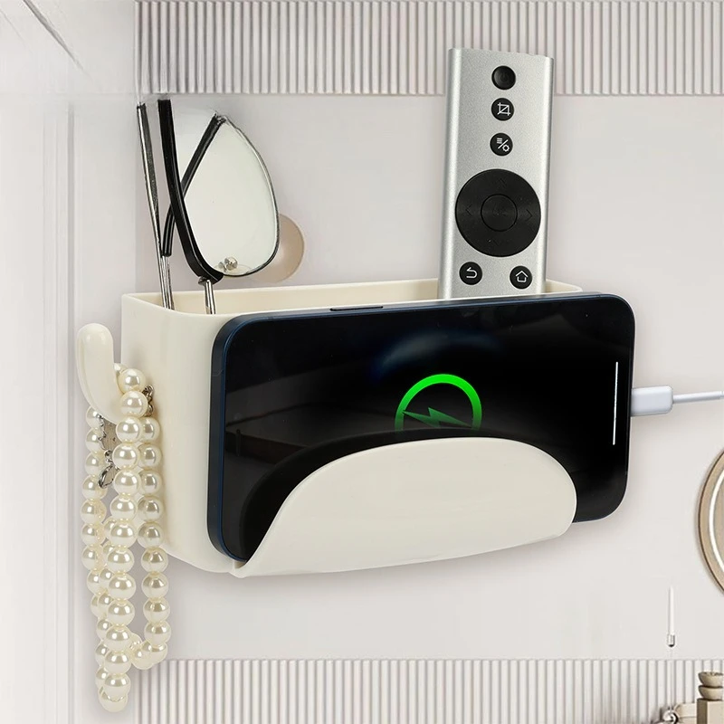 

Wall-Mounted Multi-Function Organizer - with Hooks, Phone Charging Stand, Remote Holder & Cosmetic Storage for Home/Office