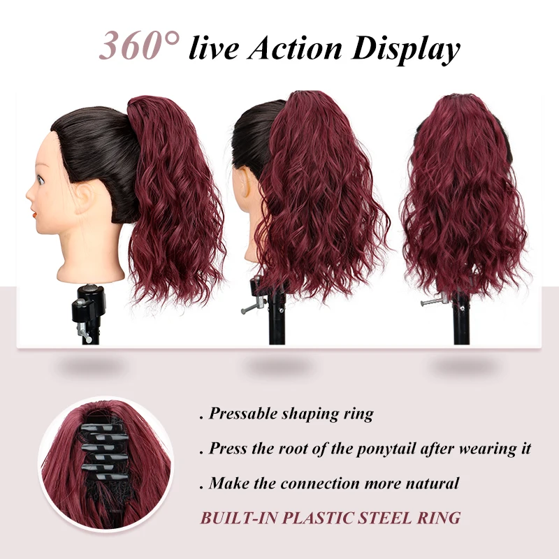 Clip-in Synthetic Hair Ponytail Extension Short Wavy Curled Clip-on Ponytail with Claw Clip Wine Red Hairpiece for Women image 5