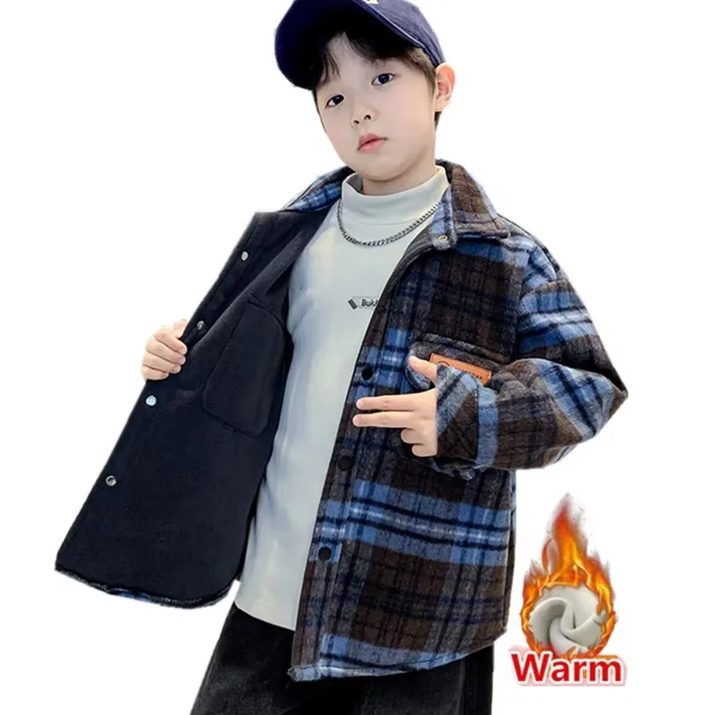 

High Quality Kids Winter Thermal Shirt Boy Warm Insulated Clothing Child Thicken Velvet Lined Blouse For Teenager Corduroy Shirt