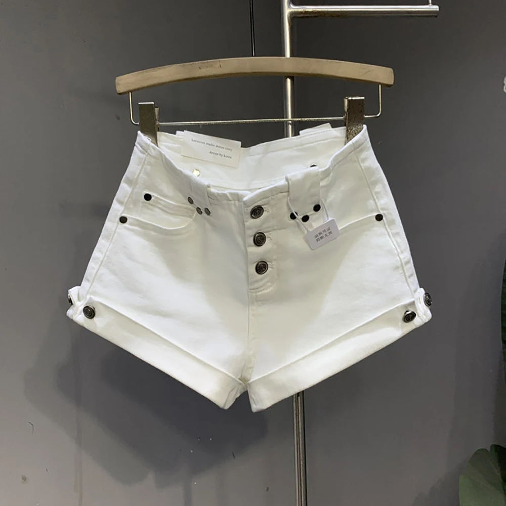 

Casual High Waist Denim Shorts for Women Y2K Trendy Multi Button A-line Slim Fit Shorts 2026 Summer Female Rolled Edge Hot Pants