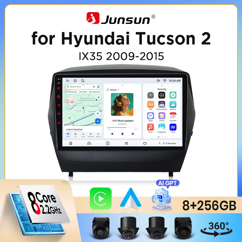 Image of Junsun Wireless CarPlay Android Auto Autoradio für Hyundai ix35 / Tucson Mk2 (LM) 2009-2015 mit eingebautem Lüfter, Android GPS-Navigation, Multimedia-Player, WiFi, DSP, RDS, BT, SWC, IPS-Touchscreen,