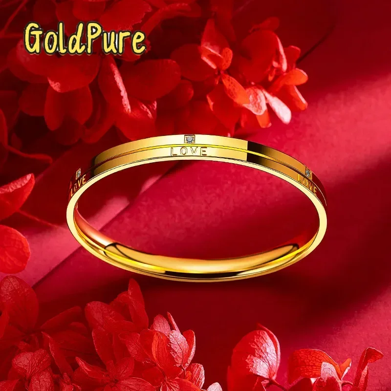 

Goldpure Women 9999 24K Real Gold5D European and American Fashion Design Zircon Love Bracelet Inlay Diamond Studded Plain Ring B