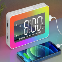 RGB Night Light Alarm Clock for Kids, Teenagers, Adults, Mirrored Clock with Dual Alarms, Snooze, LED Display, USB Charger, Smal