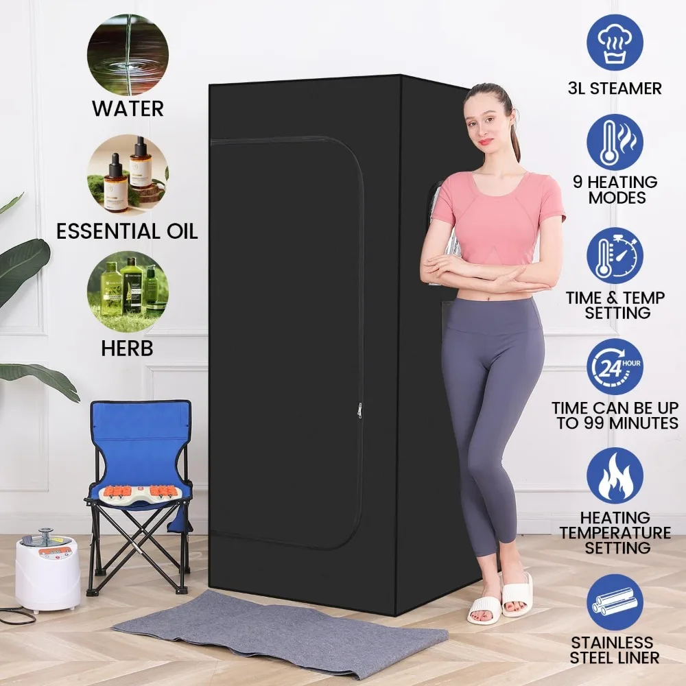 Full Body Personal Home Sauna Box, Portable Steam Saunas Tent, 1100 W & 3 L Sauna Steamer, Remote Control, Foldable Chair(Black)