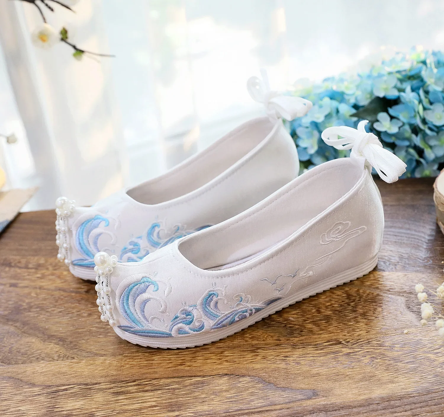 刺embroidered真珠タッセル靴,漢服アクセサリー,エスニックスタイル,古代コスプレ