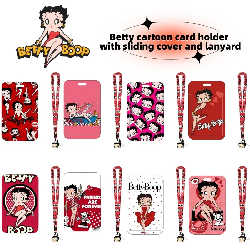 Betty Boop series anime bus card holder, campus meal card, work ID card, cartoon girl school ID badge, slide cover with lanyard
