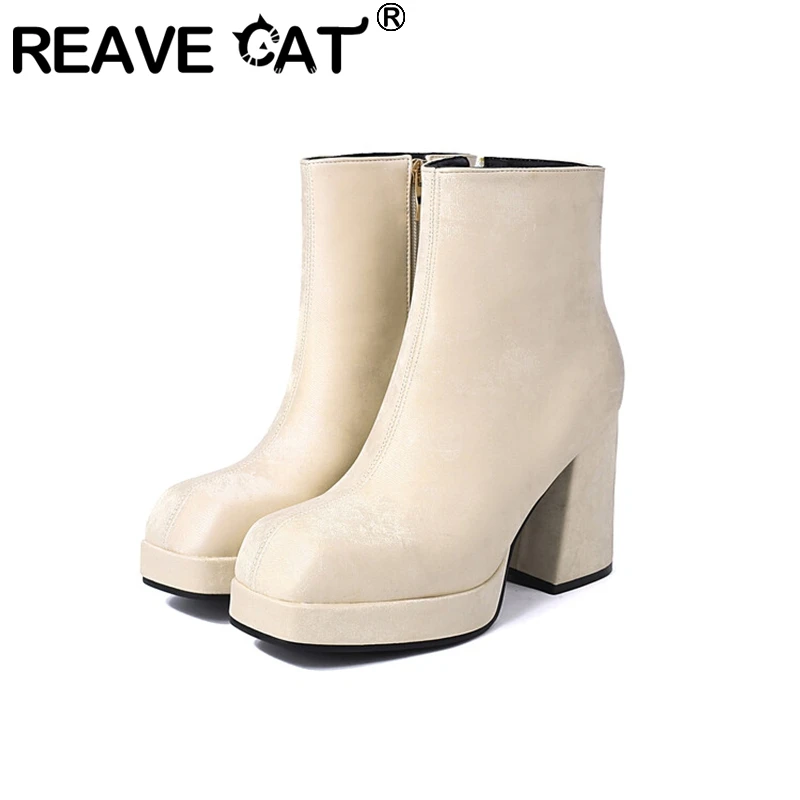 REAVE CAT 2024 Botines clásicos Punta redonda 9,5 CM Tacones de bloque Tamaño grande 46 47 48 US17 Moda Negro Albaricoque