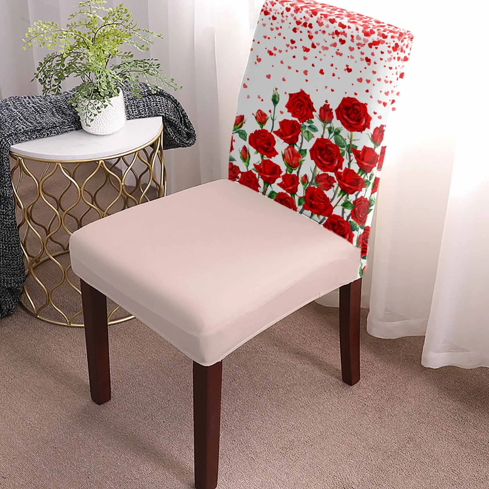 Valentine'S Day Hearts Red Roses Chair Cover Set Kitchen Stretch Spandex Seat Slipcover Home Decor Dining Room Seat Cover