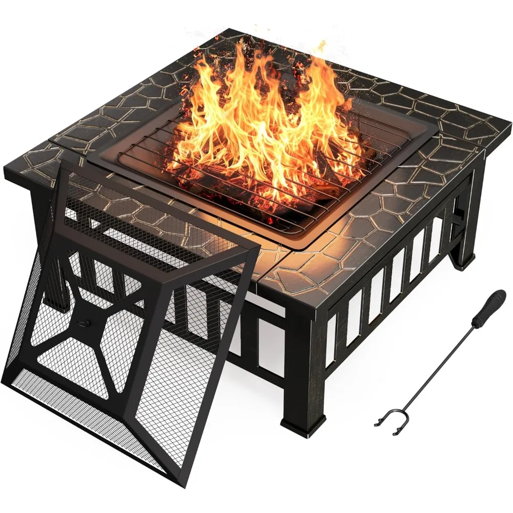 

Outdoor Fire Pit, 32 Inch Firepit Table Metal Outdoor Fireplaces with Waterproof Cover for Outside Patio Camping (Bronze)