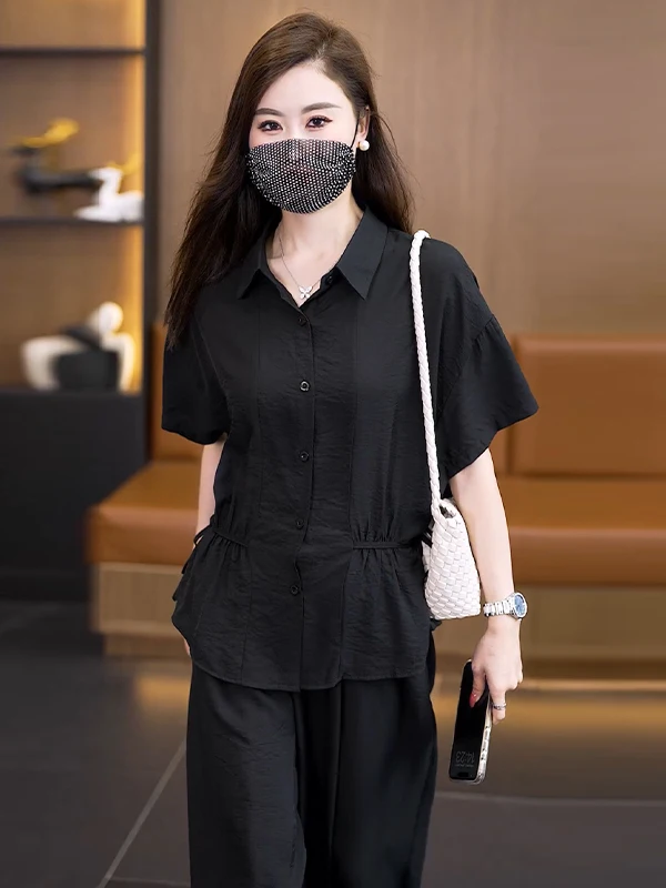 

Summer 2026 plus Size Black Cotton Linen Casual Women's Set Conceal Meat Slimming Wide Leg Pants Two Piece Set Neutral Style